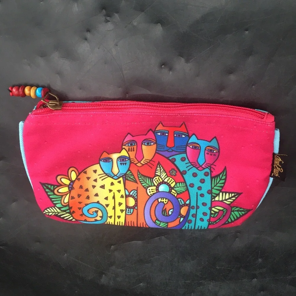 Laurel Burch‎ Colorful Cat Zipper Pouch Coin Purse Cosmetic Bag w/ Beaded Pull